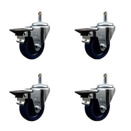 Service Caster 3.5'' Solid Poly Swivel 7/16'' Grip Ring Stem Caster Set with Brake, 4PK SCC-GR20S3514-SPUS-PLB-716138-4